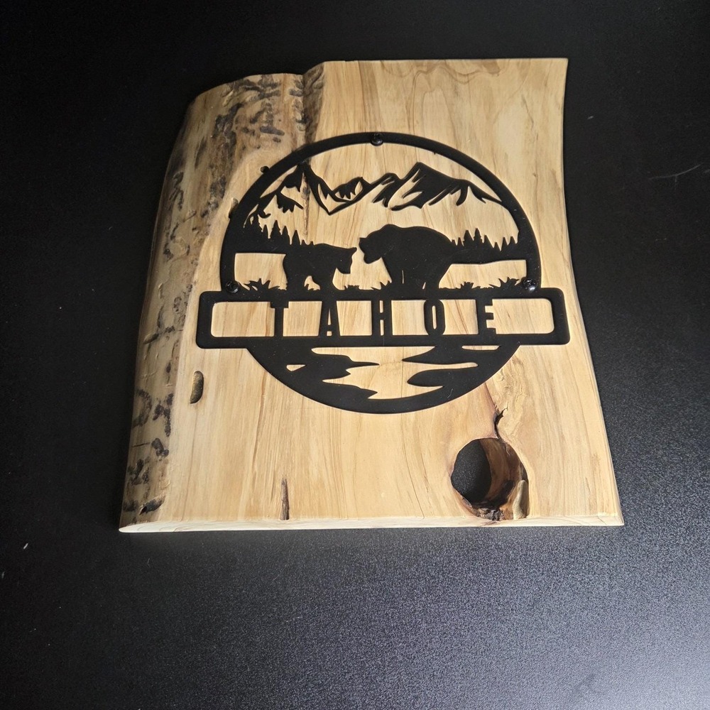Lake Tahoe Rustic Live Edge Wood Wall Art Bear Mountain Metal Cabin Decor